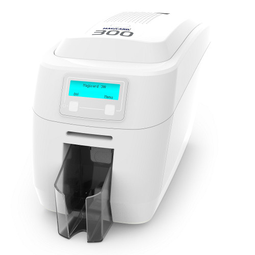 Magicard 300 Dual Sided ID card printer, front angle showing control panel and dual card hoppers