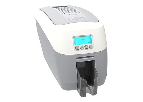 Magicard 600 600dpi single-sided ID card printer, front view highlighting control buttons and card slot