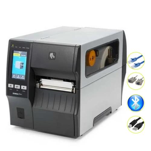 Zebra ZT411 4-inch 203 dpi industrial label printer with touch display and Ethernet, serial, Bluetooth and USB icons