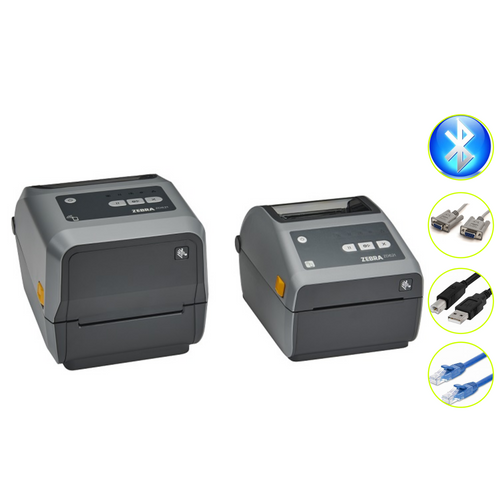 Zebra ZD621 thermal transfer label printers with icons for Bluetooth, USB, serial and Ethernet connectivity