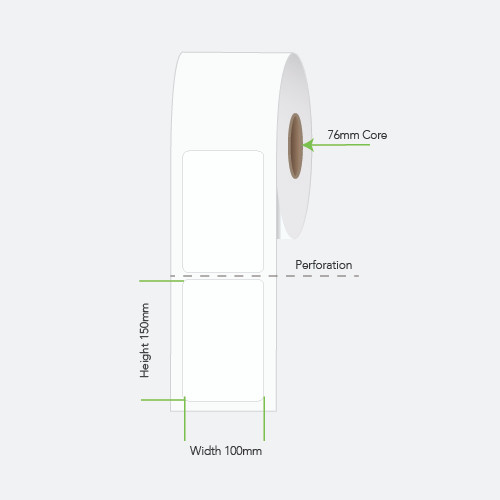 Diagram of 100mm x 150mm direct thermal label roll showing 76mm core and perforated single labels