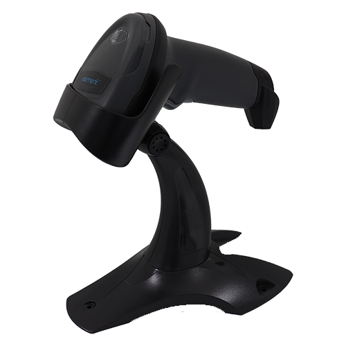 Element P100 black handheld 2D barcode scanner mounted on ergonomic stand, right side view
