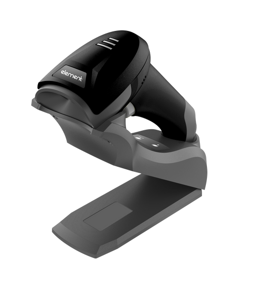 Element P303BT 2D cordless Bluetooth barcode scanner in black on charging cradle, angled view