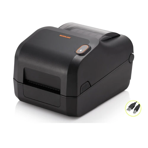 BIXOLON XD3-40TK 4-inch thermal transfer label printer in black with USB cable shown