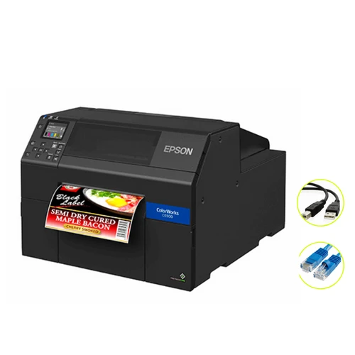 Epson ColorWorks CW-C6510A 8-inch color label printer with autocutter, USB and Ethernet cables shown