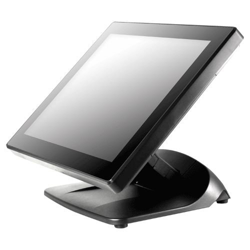 POSIFLEX 15-inch black LCD PCAP touch monitor on stand, angled side view for POS systems