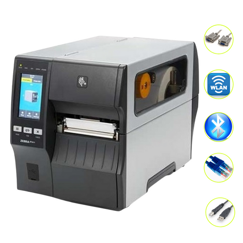 Zebra ZT411 4-inch 300dpi thermal transfer label printer with color touch display and multi-interface connectivity icons