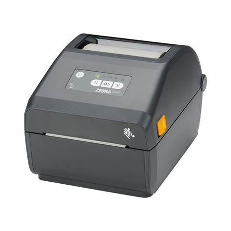 Front view of Zebra ZD421 203dpi direct thermal desktop label printer in dark grey