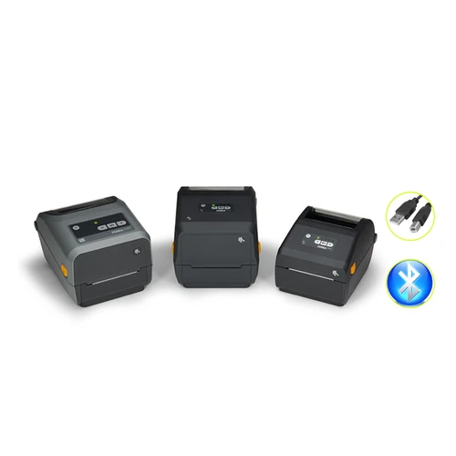 Three Zebra ZD421 203 dpi direct thermal desktop label printers with USB and Bluetooth icons on white background