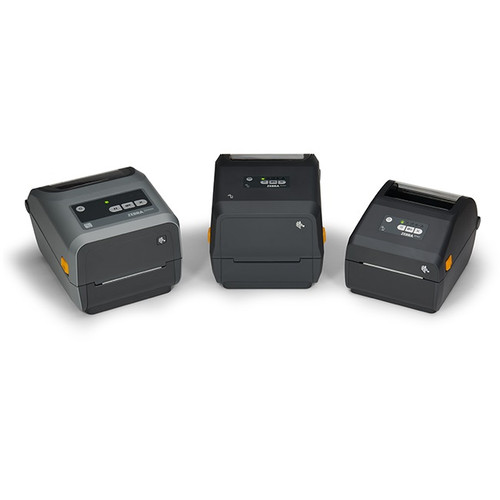 Three Zebra ZD421 203 dpi desktop thermal transfer label printers in black, shown side by side on white background