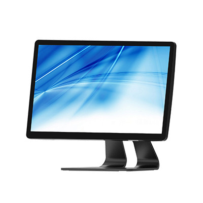 Element M15-FHD 15.6-inch black touch monitor on stand with full flat LCD screen displaying blue abstract graphic