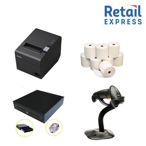 Epson TM-T82III USB/Ethernet Thermal Receipt Printer, Cash Drawer, Zebra LS2208 USB Barcode Scanner & Paper Rolls