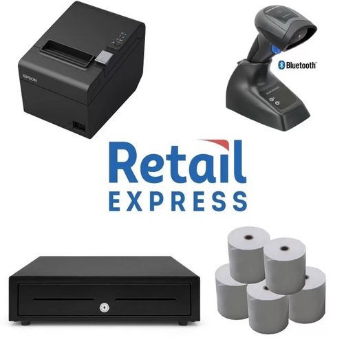 Epson TM-T82III USB Receipt Printer, Cash Drawer, Datalogic QBT2131 Wireless Barcode Scanner & Paper Rolls