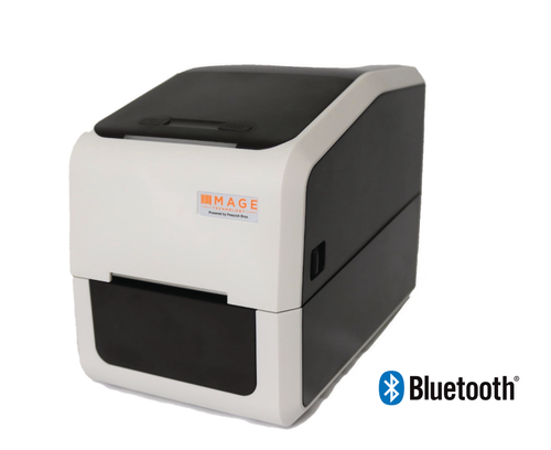IM2B Image Technology 2-inch thermal label printer with black and white case and Bluetooth logo