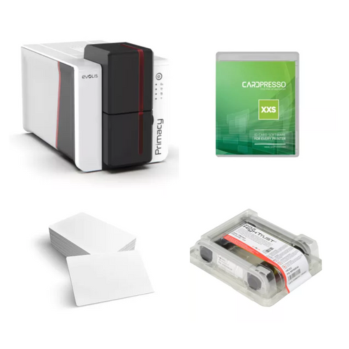 EVOLIS  Primacy 2 Simplex Expert Printer – Production Pack USB & Ethernet, with Cardpresso XXS software licence + 100 CR-80 blank white PVC cards + 1 colour ribbon (200 prints)