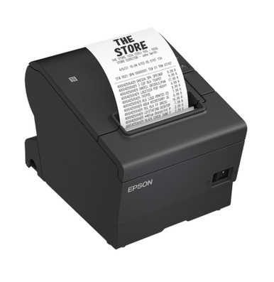Epson TM-T88VII thermal receipt printer printing a receipt, front view showing fast 500 mm/s POS receipt printing for retail and hospitality