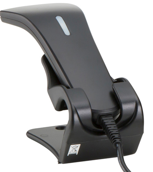 Black MPOP handheld 1D barcode scanner docked in stand with attached USB cable