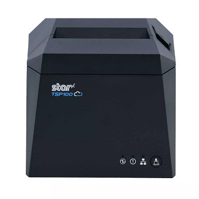 Front view of Star Micronics TSP143IV cloud receipt printer in dark gray for POS and mPOS systems