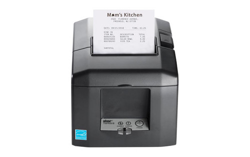 Star TSP654IISK USB liner-free sticky label printer printing a food order label for a restaurant