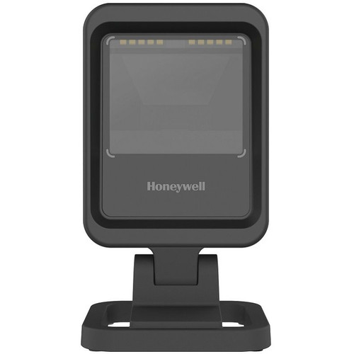 Honeywell Genesis XP 7680g black hands-free presentation barcode scanner on stand, front view