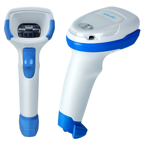 Element P100-AM white and blue anti-microbial 2D hand-held barcode scanner, front and back views