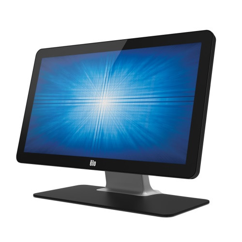 ELO 2002L 19.5-inch widescreen zero-bezel touchscreen monitor on stand, angled left, with blue display