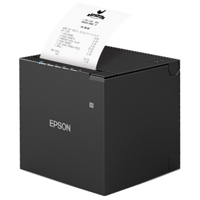 Epson TM-m30III black thermal receipt printer with USB, Ethernet, Bluetooth and Wi‑Fi printing a receipt.