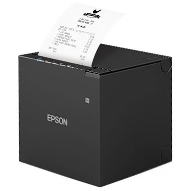 Epson TM-m30III black thermal receipt printer with USB, Ethernet, Bluetooth and Wi‑Fi printing a receipt.