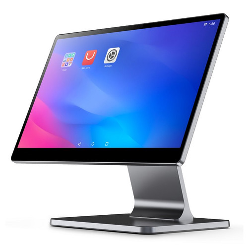 iMin Swan 1 Pro 15.6-inch Android 13 POS terminal with slim touchscreen on angled metal stand