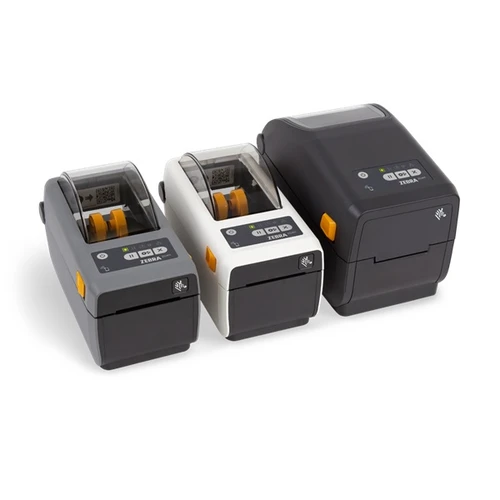 Three Zebra ZD411 2-inch compact desktop direct thermal label printers in black and white, side by side