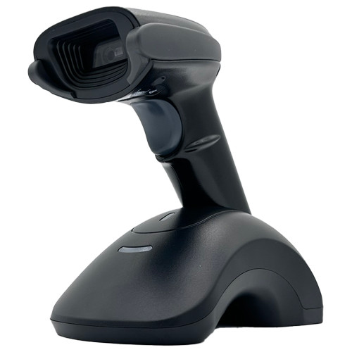 Element P135BT wireless 2D barcode scanner in black resting on its USB cradle, angled side view