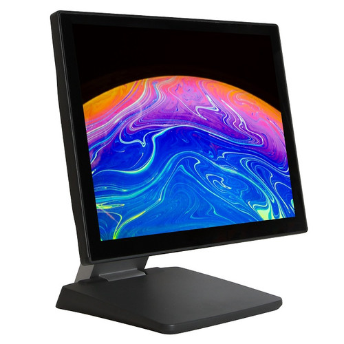 FEC PP-9735 15-inch touchscreen POS terminal with slim dual-hinge stand, front angled view