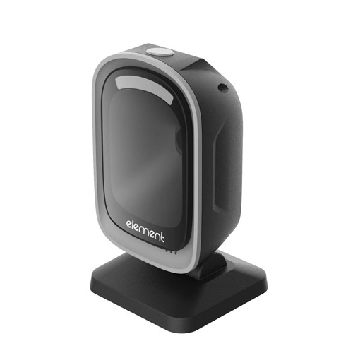 Element P881 black 2D desktop USB barcode scanner on square stand, three-quarter view