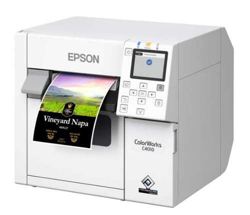 Epson ColorWorks C4010 USB and Ethernet colour label printer in cool white printing a full-colour product label