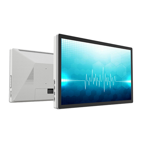 Element M24-HC 24-inch white medical touch monitor front and back, showing clinical display and side ports