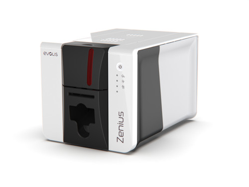 Evolis Zenius 2 Expert compact USB and Ethernet ID card printer, angled side view