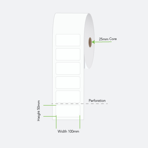 100mm x 50mm synthetic thermal transfer label roll on a 40mm core, 1000 labels per roll