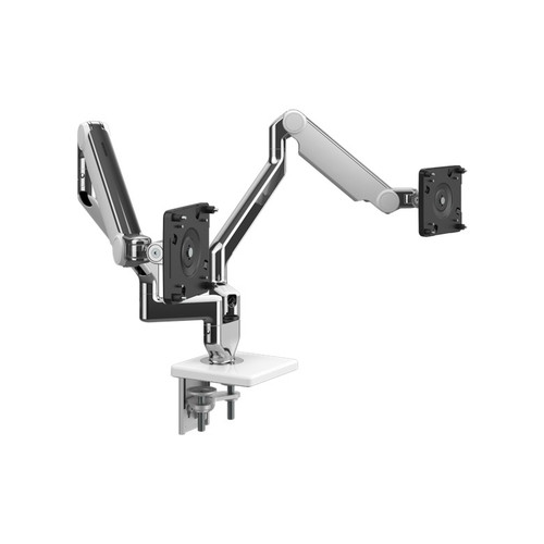 Humanscale M2.1 dual monitor arm with two-piece clamp mount, polished aluminum with white trim