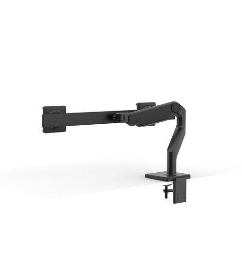 Humanscale M8.1 dual black monitor arm with two-piece clamp mount for desk edge installation