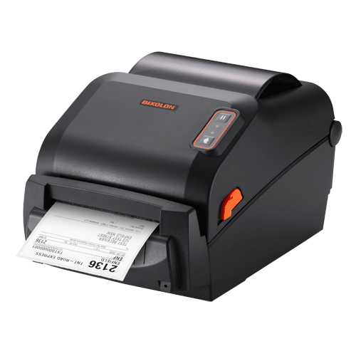 BIXOLON XD5 4-inch direct thermal label printer with auto cutter printing a shipping label