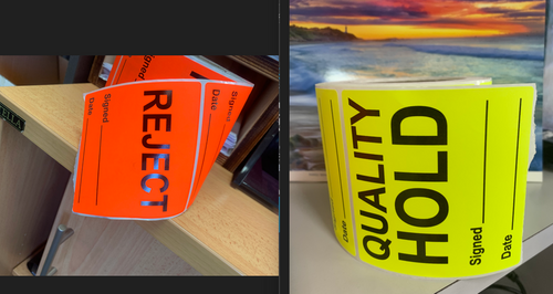 QC Hold & Reject Labels - 100 x 100mm Fluoro Red & Yellow, 76mm Core, 500/Roll, Direct Thermal