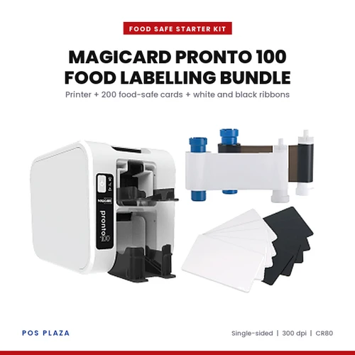 Magicard Pronto 100 Food Safe Starter Kit Bundle with printer, white and black food-safe cards and ribbons