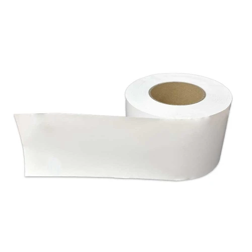 White 100mm x 153m continuous direct thermal linerless label roll on a 76mm core, no liner