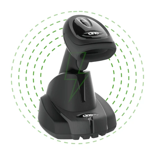 Cino FuzzyScan A678BT cordless 2D barcode scanner in classic black with its Qi wireless charging cradle