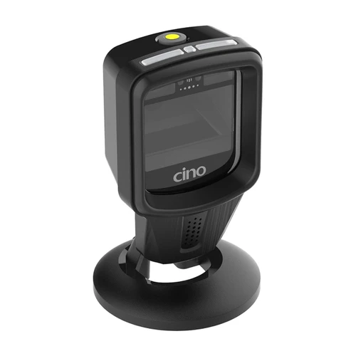 Cino FuzzyScan S680 2D presentation barcode scanner in black on its round weighted stand, front view showing the large scan window