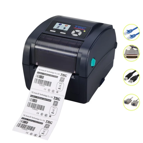 TSC TC300 4-inch 300dpi desktop label printer with sample barcode labels and USB, serial, Ethernet, parallel cables