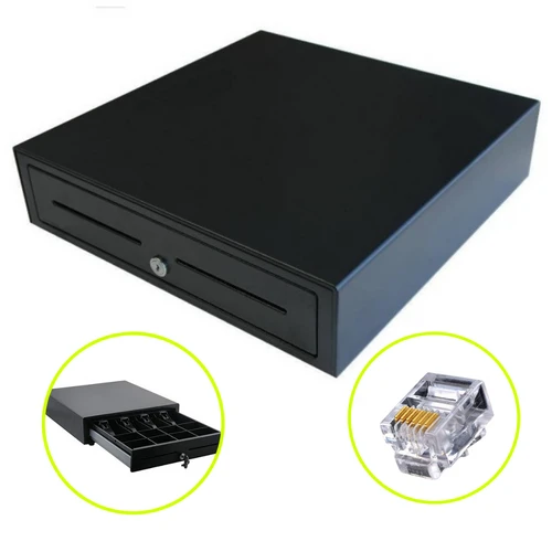 VPOS EC410 24V black cash drawer with open tray insert and RJ12 connector plug