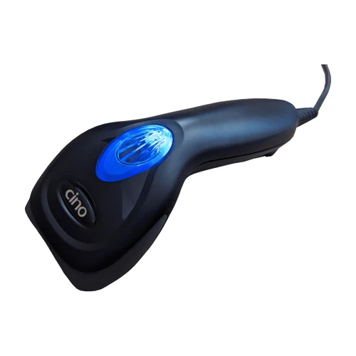 Cino FuzzyScan F560 corded linear barcode scanner in black, shown at an angle with the blue scan window illuminated
