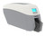 Magicard 600 single-sided ID card printer, side angle showing compact grey and white design with display