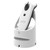 SocketScan S740 Bluetooth 2D barcode scanner in white charging dock, angled front view